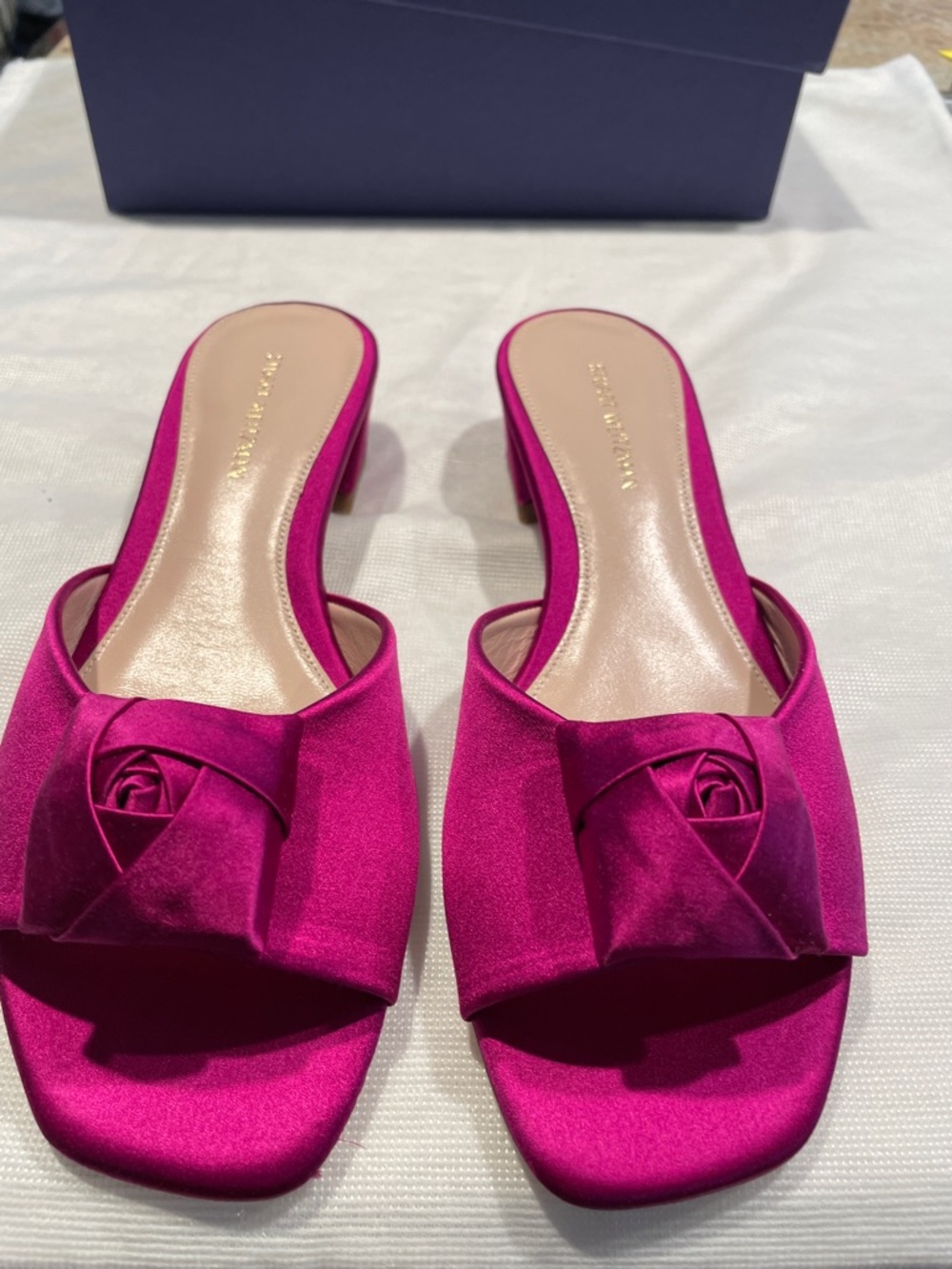 Brand new Stuart Weitzman Magenta Satin Slide Heels with Rosette Detail